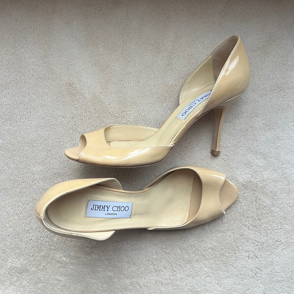 Jimmy Choo‎ Women 7.5 EU 37.5 Nude Patent Leather Peep Toe Pumps Heels Italy